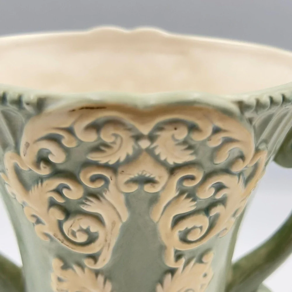 Burton &‎ Burton Sage Green Ornate Ceramic Urn Vase Scroll Handles Cottagecore